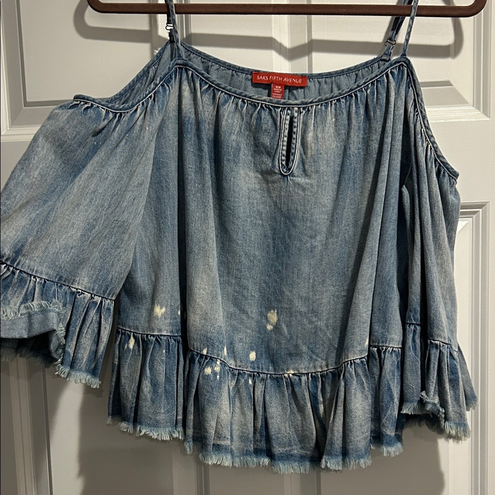Saks Fifth Avenue Blue Denim Ruffle Top